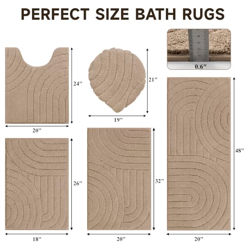 Pauwer Bathroom Rugs Sets 5 Piece, Absorbent Non Slip Bath Mat Set, Beige | Machine Washable, Microfiber Plush, Quick Dry Runner, U Shaped Contour Toilet Rugs, Shower Mats and Toilet Lid Cover - color: Beige