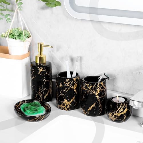 Ceramic Bathroom Accessory Set, 5-Piece Bathroom Accessory Set, Soap Dish, Toothbrush Holder, Soap Dispenser, Bathroom Tumbler & Candle Holder - Modern Bathroom Organizer, (Black & Gold) - color: Black and Gold