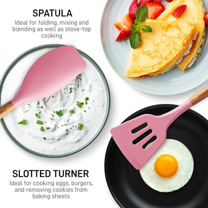 Zulay Kitchen 5 Piece Silicone Utensil Set | Non-Stick Silicone Cooking Utensils Set with Acacia Wood Handles - 464°F Heat Resistance Kitchen Utensils Set - Pink - color: Pink, size: 5-Piece Set