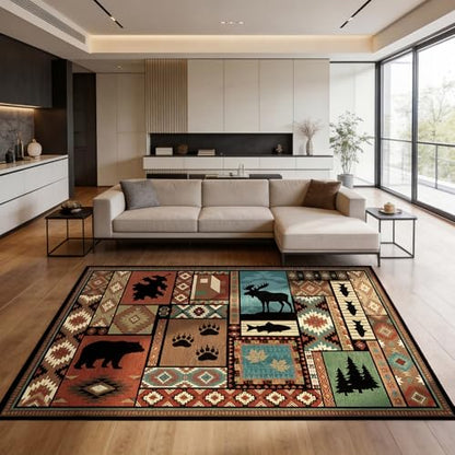 Rustic Cabin Area Rug 5x7 ft Southwestern Lodge Bear Moose Non Slip - color: Rustic Cabin, size: 5' x 7' (Rectangular)