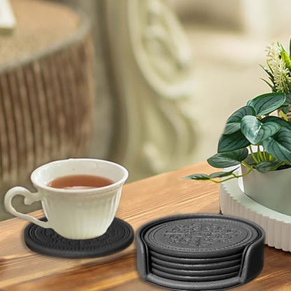 Coasters Set of 6 - PU Leather Coasters for Drinks with Holder - Black - color: Black