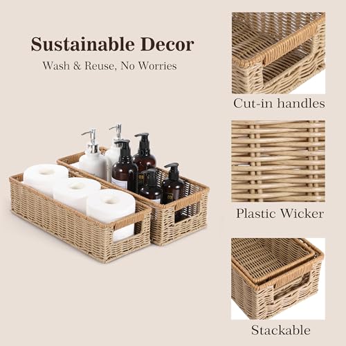 Waterproof Rectangular Toilet Paper Baskets, 16 ¼"L x 6 ¾"W x 4 ½"H Nesting Plastic Wicker Basket, Woven Long Narrow Baskets for Pantry Bathroom Toilet Tank Top Countertop, 2 Pack