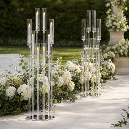 4PCS 8-Arm Acrylic Candelabra Centerpieces for Tables, Sturdy Solid Rods 45.6" Tall Floor Candle Holders Set with Shades for Wedding Birthday Party Anniversary, Clear