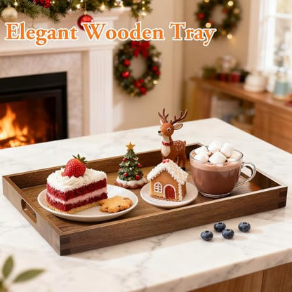 Serving Trays - 2 Pack, Large | Acacia Wood Serving Platters with Ergonomic Handles, Versatile Rustic Decorative Trays for Breakfast, Brunch, Dinner - size: 16"x11"x1.57" and 17"x12"x1.57"