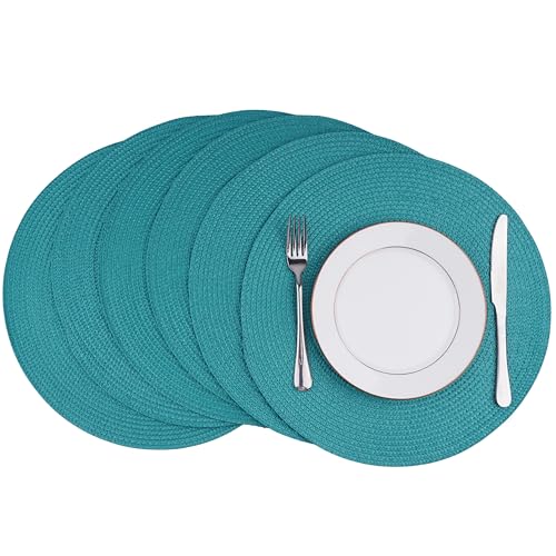 WAZAIGUR Round Braided Placemats Set of 6 Washable, 15inch, Blue | Easy to Clean Indoor Outdoor Place Mats for Dining Tables Woven Non-Slip Heat Resistant Table Mats, Circular, Kitchen Decor - color: Blue, size: set of 6