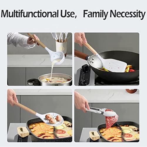 Black Silicone Kitchen Cooking Utensils Set, Heat Resistant Silicone Kitchen Gadgets Utensils Set with Wooden Handle,Silicone Spoons Spatula Whisk with Holder for Nonstick Cookware - color: Black 11p