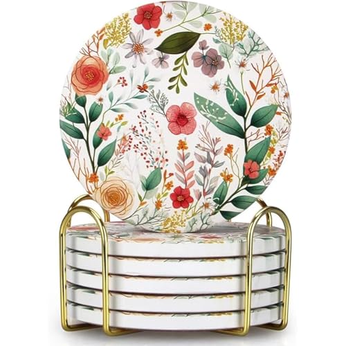 Cute Flower Absorbent Drink Cup Coasters Set of 6 Floral Coffee Table Decor | Ceramic Colorful Spring Coaster with Holder Floral Funny Unique Desk Vintage Outdoor Coster Cool Boho Pretty Coasters Gifts