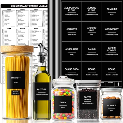 288 Pantry Labels for Food Containers, Black Preprinted Minimalist Waterproof Stickers for Organizing Storage Bins, Jars and Kitchen - style: Black Square Pantry Labels