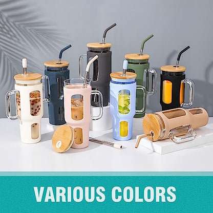 WINSA Glass Tumbler with Lid and Straw, 46 oz, White | Iced Coffee Cup with Handle, Large Water Bottle with Silicone Sleeve, Pearl Straw & Drinking Straw, BPA Free - color: White, size: 46 Ounces