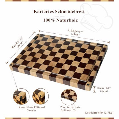 Checkered End Grain Cutting Board with Juice Groove & Handle | 17" x 12" x 1.2" Thick | Acacia & Rubber Wood | Reversible End Grain | Juice Groove | Meat, Bread & Vegetable Prep - color: Checkered Grooved Rectangular