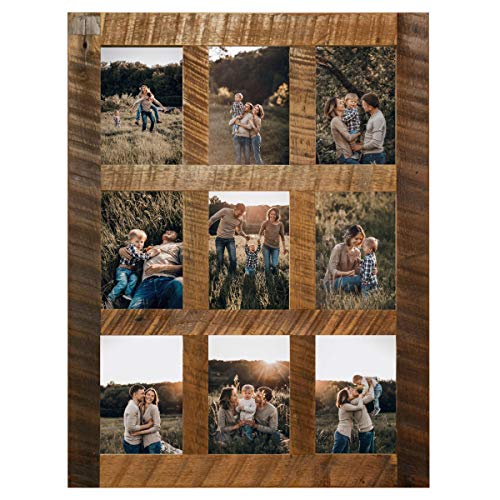 Rustic Wooden Collage Picture Frame, Wood Multi Photo Holder for Wall, Horizontal and Vertical Display, Reclaimed Barnwood, 9 Openings each 5x7 - size: 9 Openings