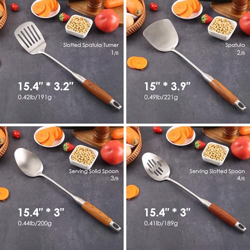 18/10 Stainless Steel Kitchen Utensils Set with RooseWood Handle | 15″ Metal Cooking Tools, 8-Pieces Cooking Spoons Set - Spatula, Ladle, Skimmer, Turner, Pasta, Solid Spoon, Slotted Spoon