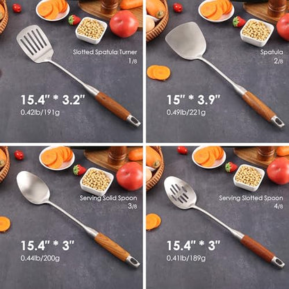 18/10 Stainless Steel Kitchen Utensils Set with RooseWood Handle | 15″ Metal Cooking Tools, 8-Pieces Cooking Spoons Set - Spatula, Ladle, Skimmer, Turner, Pasta, Solid Spoon, Slotted Spoon
