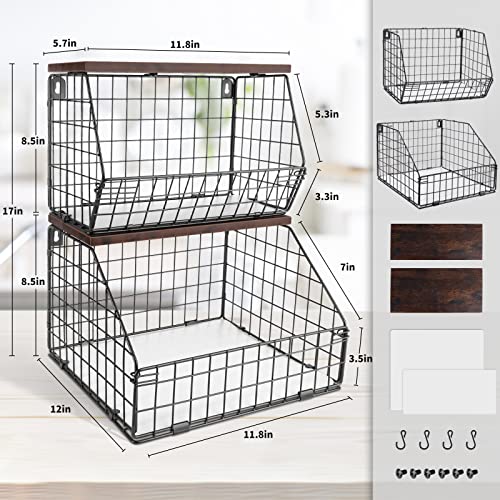 Mefirt Fruit Basket, Stackable Wall Mounted Fruit Baskets, Potato Baskets Onion Storage for Kitchen, Hanging Wire Basket with Wood Lid, 2-Tier Vegetable Organizer Kitchen Countertop Organization | Hanging Potato Basket Wire Basket with Wood Lid, 2-Tier Ve