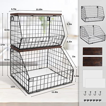 Mefirt Fruit Basket, Stackable Wall Mounted Fruit Baskets, Potato Baskets Onion Storage for Kitchen, Hanging Wire Basket with Wood Lid, 2-Tier Vegetable Organizer Kitchen Countertop Organization | Hanging Potato Basket Wire Basket with Wood Lid, 2-Tier Ve