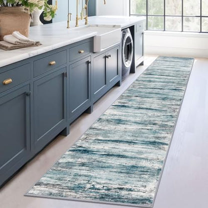 KOZYFLY Modern Abstract Hallway Runner, 2x12 Washable Rug Runner Non-Slip Soft Striped Kitchen Runner Rug, Light Blue Print Carpet for Entryway Bathroom Laundry Room Foyer - color: Blue, size: 2' x 12' (Runner)