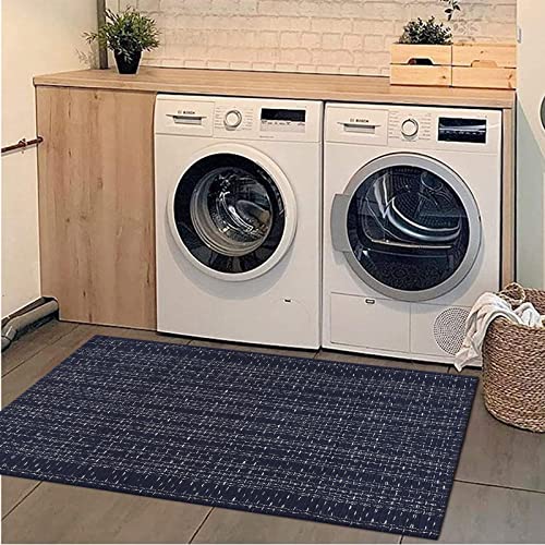 Seavish Boho Bathroom Rug, 2x4.2 Woven Bath Mat, Layered Front Door Mat | Dark Blue Small Reversible Throw Braided Laundry Rugs, Washable Runner Rugs for Kitchen Hallway Living Room Bedroom Patio - color: Dark Blue, size: 2 x 4.2 ft
