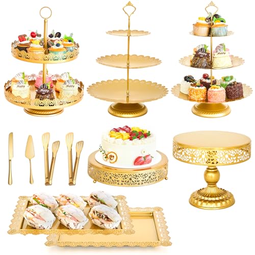 11 Pcs Gold Cake Stand Set for Wedding, Dessert Table Display Set for Birthday, Metal Square Serving Trays for Candy, Cupcake Pop Stand Holder Tower with Round Base for Celebration, The Platters for Party - color: Gold
