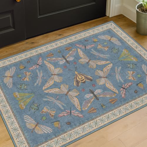 Blue 2x3 Kitchen Rugs Non Slip Washable, 0.25" Low Pile Stain & Fade Resistant, Waterproof Indoor Floor Mat for Entryway, Bathroom, Laundry Room, Boho Insect Floral Decor - color: Blue, size: 2' x 3' (Rectangular)