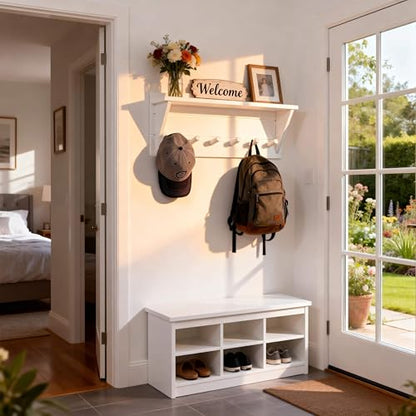 WEBI Coat Rack Wall Mount with Shelf,24" Long Entryway Wall Shelf with Hooks Underneath,6 Peg Hooks for Hanging Coats,Caps,Jacket,Clothes,White - color: White, size: 24 Inch