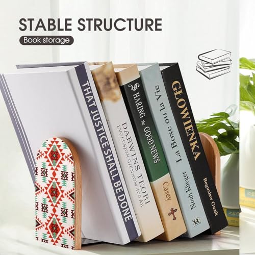 Heavy Duty Non-Slip Beech Wood Bookends, 1 Pair Adjustable Book Ends with Metal Base, Sturdy Book Organizer for Shelves, Home Office Library Tribal Aztec Style Abstract Geometric - color: Tribal Aztec Style Abstract Geometric