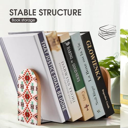 Heavy Duty Non-Slip Beech Wood Bookends, 1 Pair Adjustable Book Ends with Metal Base, Sturdy Book Organizer for Shelves, Home Office Library Tribal Aztec Style Abstract Geometric - color: Tribal Aztec Style Abstract Geometric