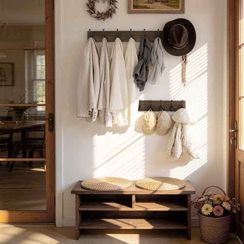 WEBI Rustic Coat Rack Wall Mount,5 Cast Iron Coat Hooks Wall Mounted,Heavy Duty Wood Wall Coat Hanger Hooks for Hanging Coats,Jacket,Clothes,Backpack,Farmhouse,Weathered Brown - color: Weathered Brown, size: 17 Inch