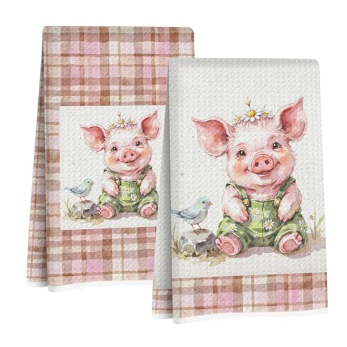 Jztco 2 Pcs Cute Pig Kitchen Towels, Plaid Pink Soft Absorbent Hand Towels | Pig Gifts for Women Mom Grandma Microfiber Dish Cloths for Drying Dishes, Waffle Dish Towels for Kitchen Bathroom Decor - color: Multi 1427