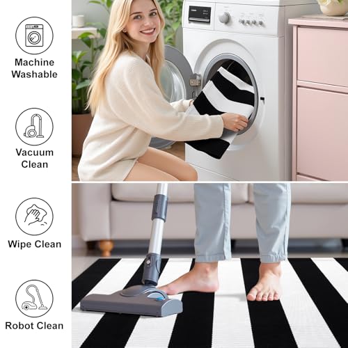 OLANLY Black and White Striped Rug 27.5"x43" and Home Sweet Home Door Mat 30"x17" Bundle, Washable Cotton Layered Front Porch Decor Set for Entryway, Kitchen, Patio Indoor Outdoor