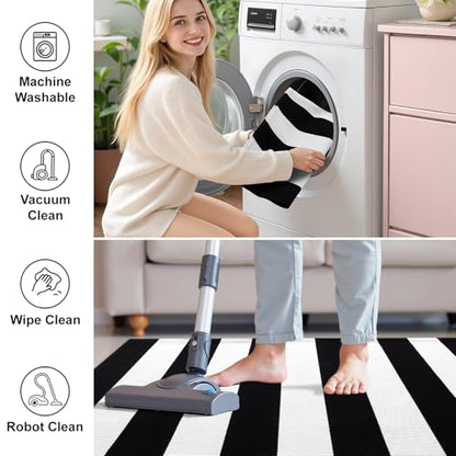 OLANLY Black and White Striped Rug 27.5"x43" and Home Sweet Home Door Mat 30"x17" Bundle, Washable Cotton Layered Front Porch Decor Set for Entryway, Kitchen, Patio Indoor Outdoor