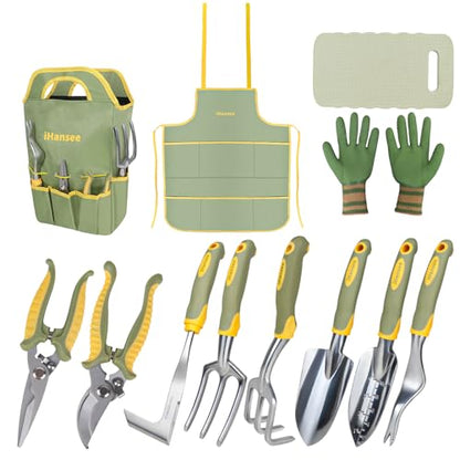 Green Garden Tools Set 12-Piece, Gardening Gifts for Women Men | Aluminum Gardening Hand Tools with Non-Slip Ergonomic Handle, Apron, Gloves, Kneeling Pad and Storage Bag, Garden Starter Kit - color: green