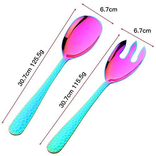 Salad Spoon and Fork Set, 12 Inch Stainless Steel Rainbow Salad Server, Large Serving Utensils, Pack of 2 - color: Rainbow