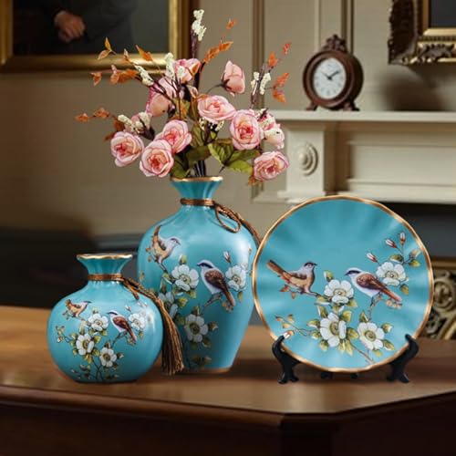 3 Pieces Ceramic Vases, Flower Arrangement Display, Plant Container, Interior Decoration, Blue