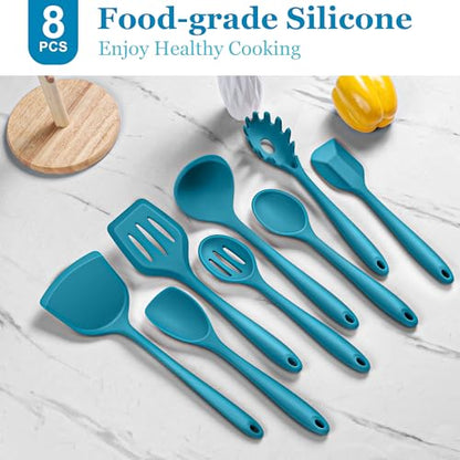 LIANYU Non-Toxic Kitchen Cooking Utensils Set, 8Pcs Blue Silicone Tools | Heat Resistant Cooking Gadgets for Nonstick Cookware, Includes Silicone Spatula, Ladle, Spoon Turner, Dishwasher Safe - color: Blue