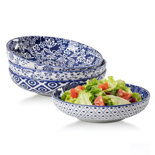 32 OZ Ceramic Pasta Bowls Set of 4 | Porcelain Serving Soup Cereal Bowls - 8.5 Inch Wide and Shallow Salad Bowls - Microwave Dishwasher Oven Safe - Vintage Blue - size: 32 OZ