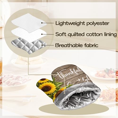 Wood Sunflower Oven Mitts and Pot Holders Sets of 4 PCS, Thankful Grateful Blessed Oven Gloves Potholder for Kitchen Cooking Baking BBQ Heat Resistant - color: Thankful Grateful Blessed