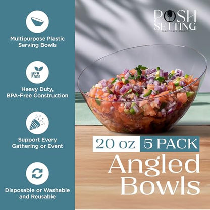 5 Pack Clear Angled Plastic Serving Bowl Disposable for Party Table 20oz | Angled Bowl Design. Chip, Candy, Salad & Fruit Use. Disposable Party Tableware. Buffet & Wedding Serving. Clear Plastic. - color: Clear, size: Medium 20 OZ