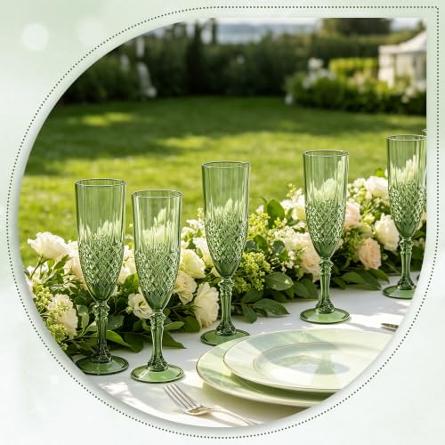 12 Pack Plastic Champagne Flutes, Green Reusable Champagne Glass | Unbreakable Hard Plastic Mimosa Cups Bulk with Stem, Fancy Stemware for Wedding, Party & NYE Celebration - color: Sage Green