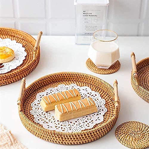 Rattan Hand Woven Round Decorative Rustic Serving Wicker Trays with Handles for Home/Social Events - Bread Basket, Vegetable, Fruits, Snacks, Crackers, Breakfast - Set of 3.