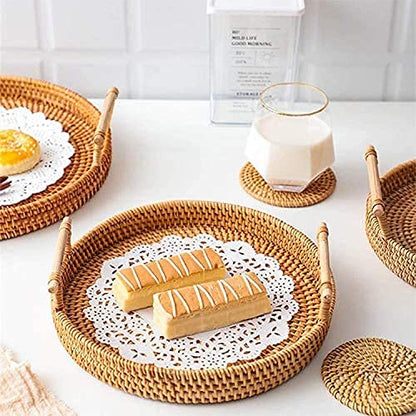 Rattan Hand Woven Round Decorative Rustic Serving Wicker Trays with Handles for Home/Social Events - Bread Basket, Vegetable, Fruits, Snacks, Crackers, Breakfast - Set of 3.