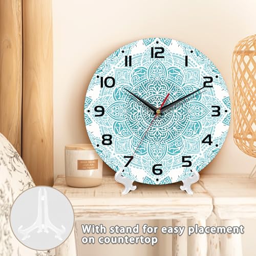 Teal Mandala Flower Wall Clock, Silent Non-Ticking, Battery Operated, Wooden Decorative Round Clock with Arabic Numerals, 10 Inch - color: Teal Mandala Flower