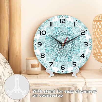 Teal Mandala Flower Wall Clock, Silent Non-Ticking, Battery Operated, Wooden Decorative Round Clock with Arabic Numerals, 10 Inch - color: Teal Mandala Flower