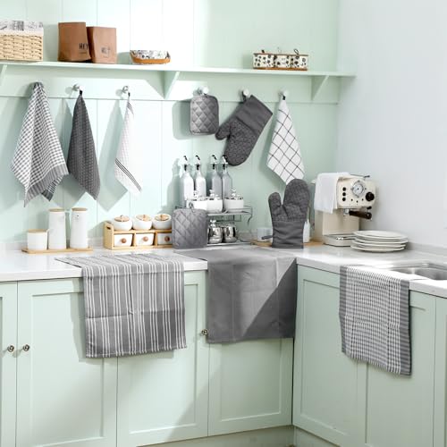 LemonRoad 12 Pcs Oven Mitts Kitchen Towels Dishcloths with Pot Holders Sets Dish Towels Sets Oven Gloves Heat-Resistant Pot Pads with Silicone for Kitchen Cooking Baking(Gray) - color: Gray
