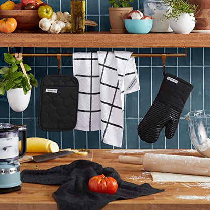 KitchenAid Quilted Cotton Terry Cloth Oven Mitt, Pot Holder, Kitchen Towel 4-Pack Set, Heat Resistant, Silicone Grip, Gift Set, Matte Black, 16"x26", 7"x13" & 7"x10" - color: Matte Black