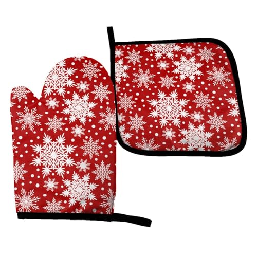 Perinsto Christmas Winter Snowflakes Red Oven Mitts & Pot Holders Kitchen Set Heat Resistant Xmas Decorative Cooking Gloves Microwave Oven Gloves for Baking Grilling BBQ - color: Snowflakes Red, size: Set of 2
