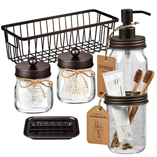 SheeChung Mason Jar Bathroom Accessories Set,6Pcs Rustic Bathroom Set,Brown | Glass Bathroom Accessory Set, Soap Dispenser, Toothbrush Holder, 2 Qtip Holders,Soap Dish,Wire Basket,Western Farmhouse Decor - color: Bronze