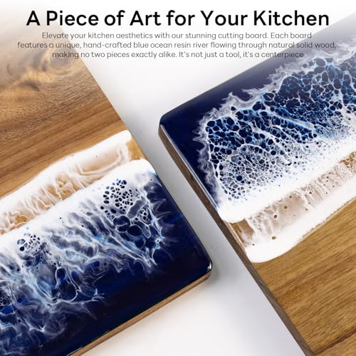 Charcuterie Acacia Wood Resin Spliced Board Resin Wave Pattern Cutting Board Cheese Meat Vegetable Steak Cutting Boards Serving Board (Blue) - color: Blue