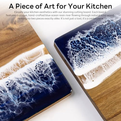 Charcuterie Acacia Wood Resin Spliced Board Resin Wave Pattern Cutting Board Cheese Meat Vegetable Steak Cutting Boards Serving Board (Blue) - color: Blue