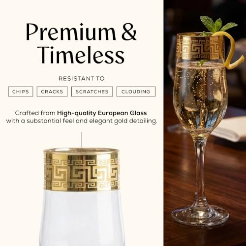 Joseph Sedgh Collection Greek Key Champagne Flute Glasses Set of 6-6.8 oz Round Cylinder Champagne Glasses with Stem, Dishwasher Safe Premium European Grade Glassware