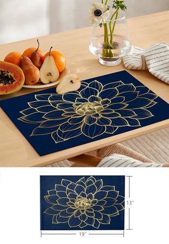 Table Runner and Placemats Set of 6 Abstract Golden Flower Decorative Dining Table Runner with Matching Placemats Floral Blue Modern Art Table Decor for Kitchen Dining Room and Everyday Use 13x70in - size: 13"x70"+6pcs